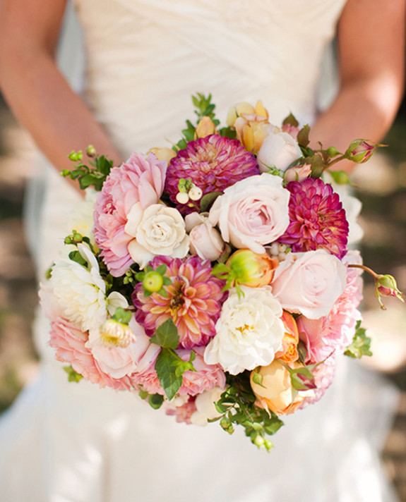 Purple Dahlia and Pink Roses Bouquet