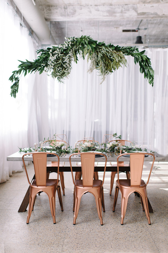 Copper + green industrial modern wedding tablescape