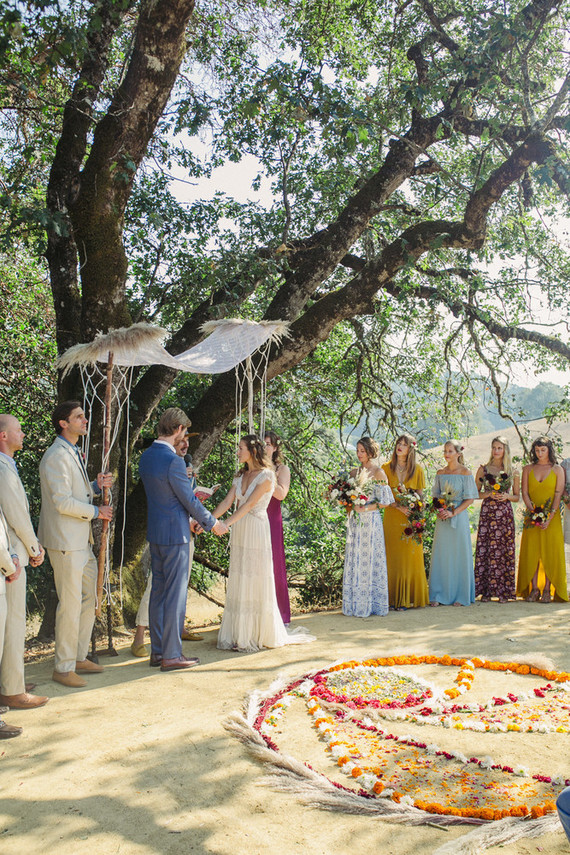 Beautifully rustic Anderson Valley wedding with a hippie bus and floral mandala